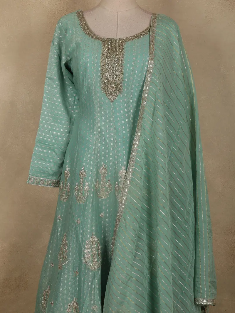 Soft Mint Aqua Green Floral Sequins Embroidered Design Tissue Banarasi Palazzo Suit With Dupatta 2