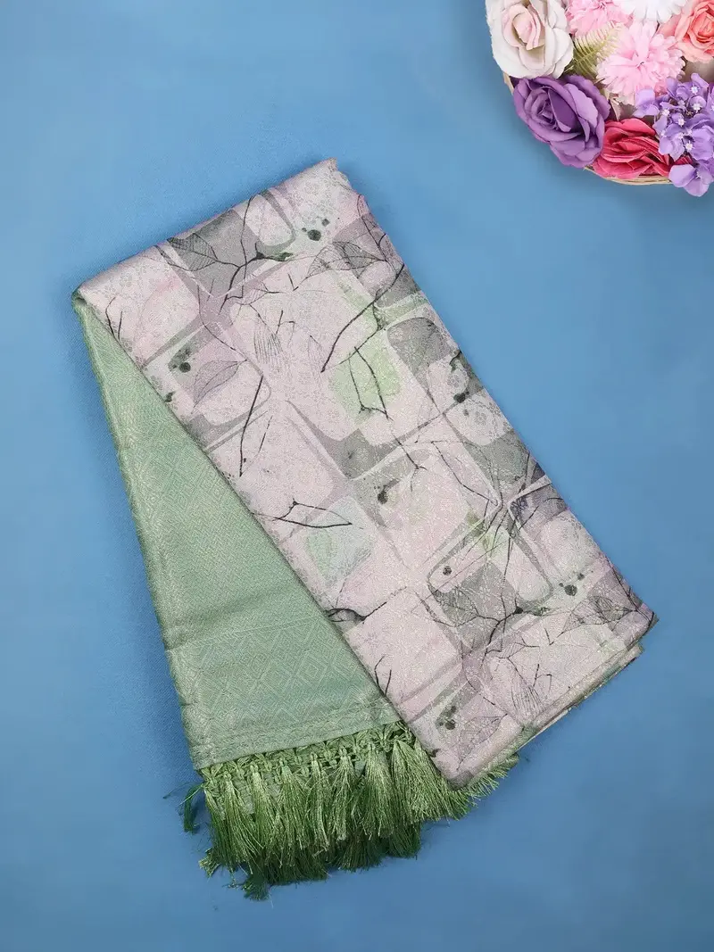 Soft Mint Green Abstract Leaf Geometric Print Soft Silk Saree 1