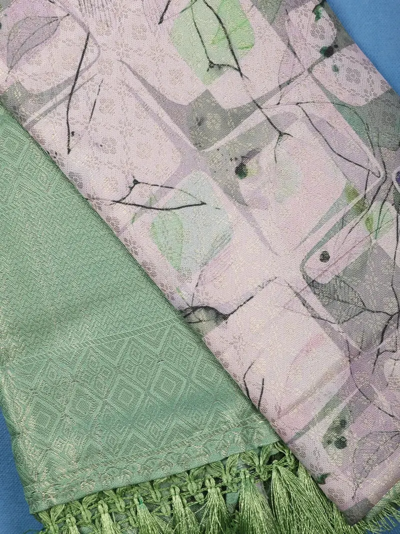 Soft Mint Green Abstract Leaf Geometric Print Soft Silk Saree 2