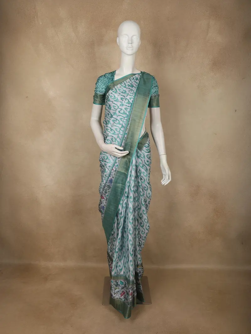 Soft Mint Green Abstract Printed Design Semi Tussar Saree 1