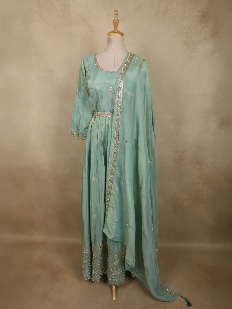 Soft Mint Green Beads And Zari Embroidered Design Semi Silk Gown With Dupata 1