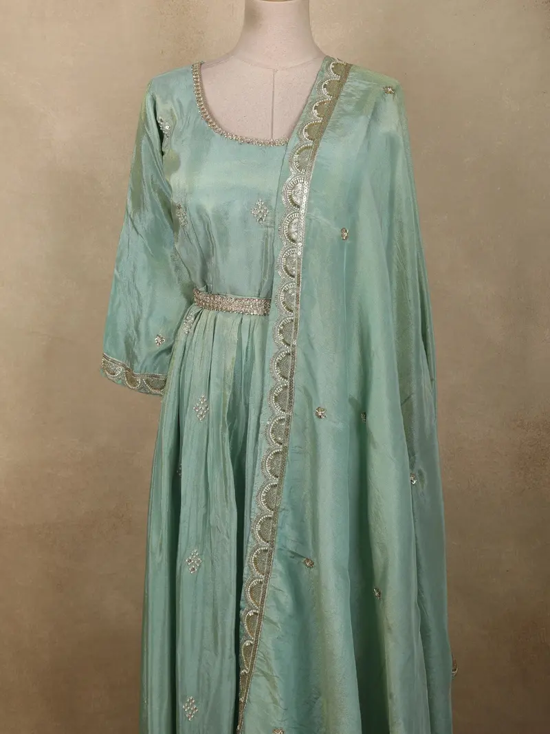 Soft Mint Green Beads And Zari Embroidered Design Semi Silk Gown With Dupata 2