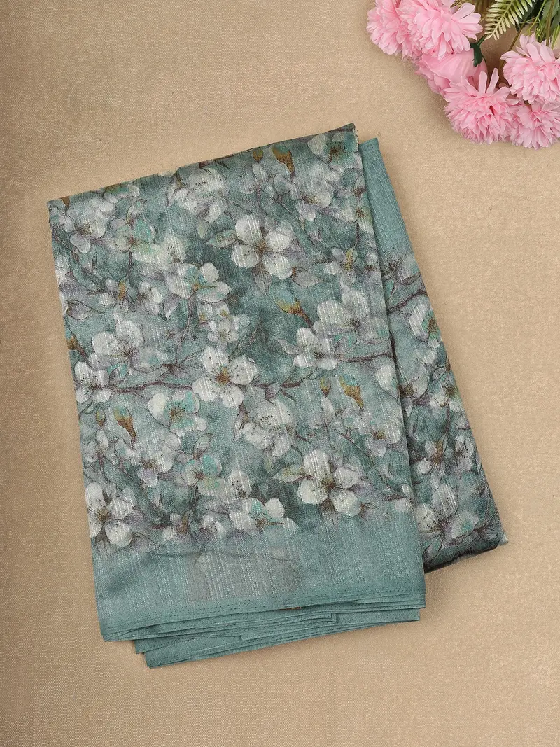 Soft Misty Aqua Blue Floral Printed Design Linen Cotton Saree 1