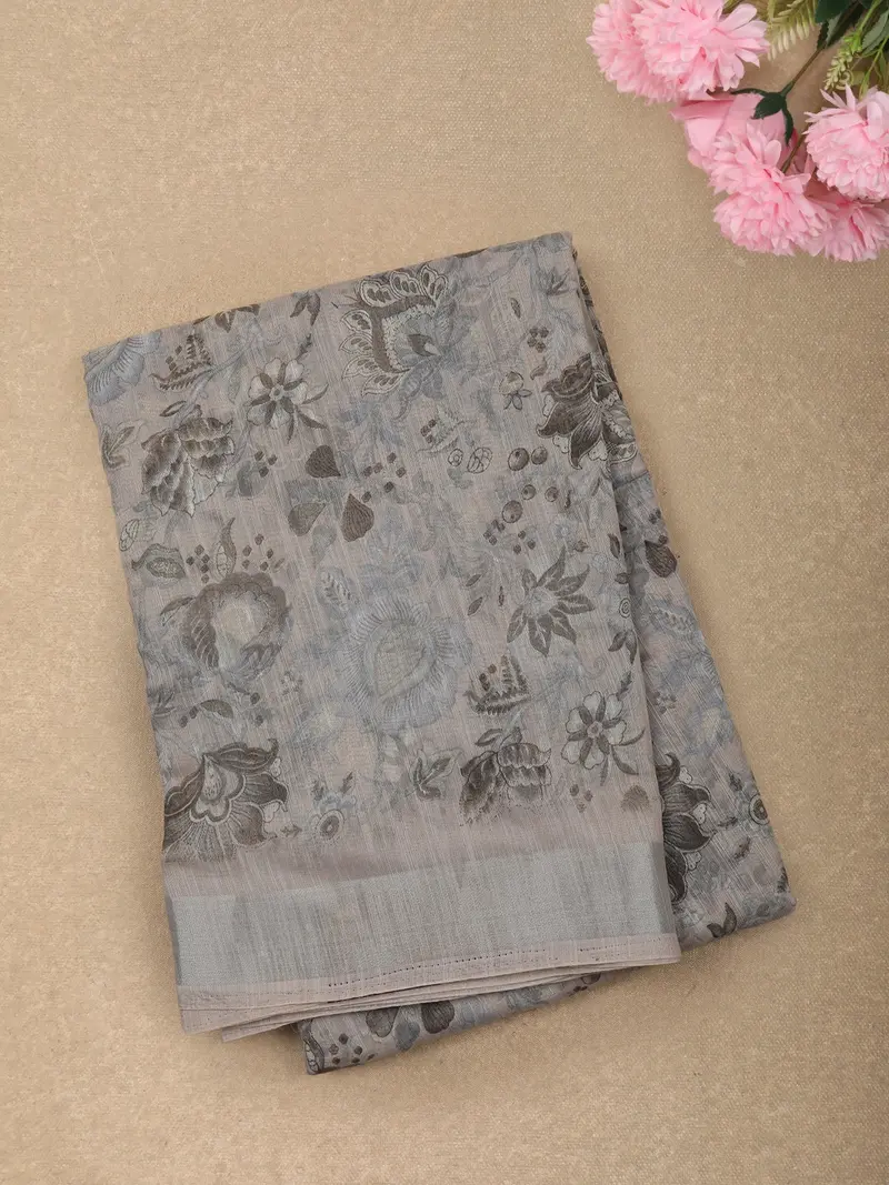 Soft Misty Ash Grey Floral Printed Design Linen Cotton Casual Wear Saree 1