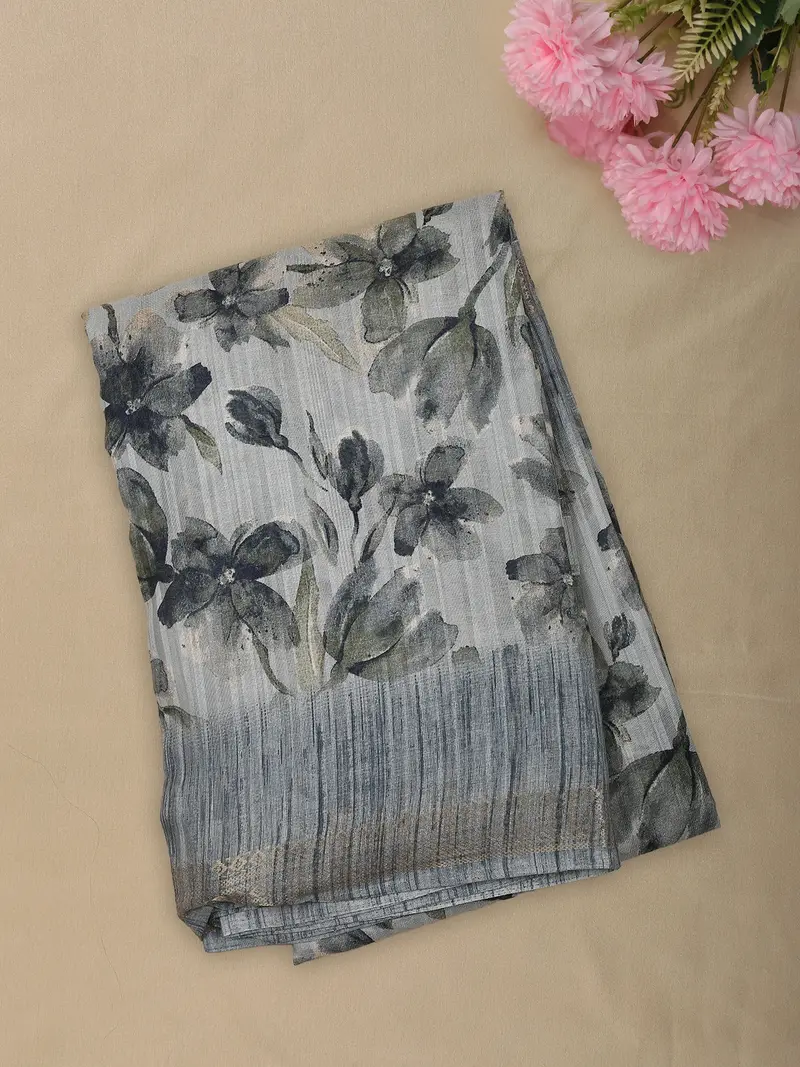 Soft Misty Grey Floral Printed Design Mixed Cotton Saree With Zari Border 1