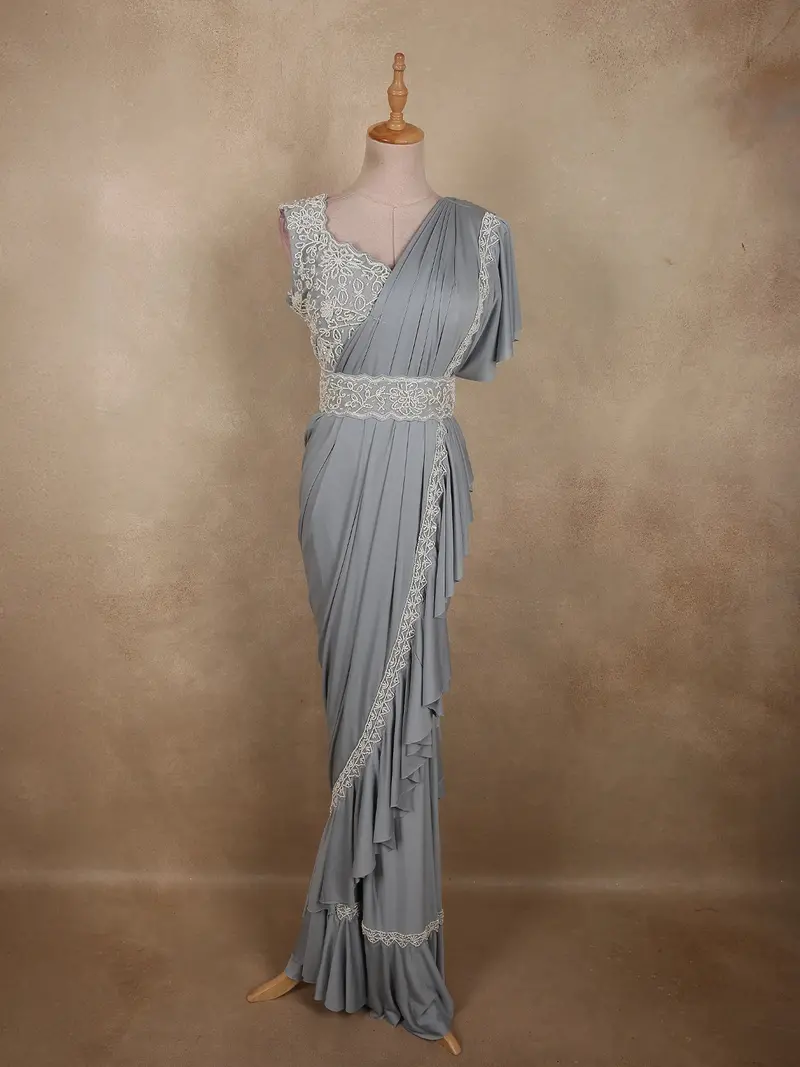 Soft Misty Grey Solid Design Satin Ruffled Layered Drape Ready To Wear Draped Saree With Designer Hip Belt And  Blouse 1