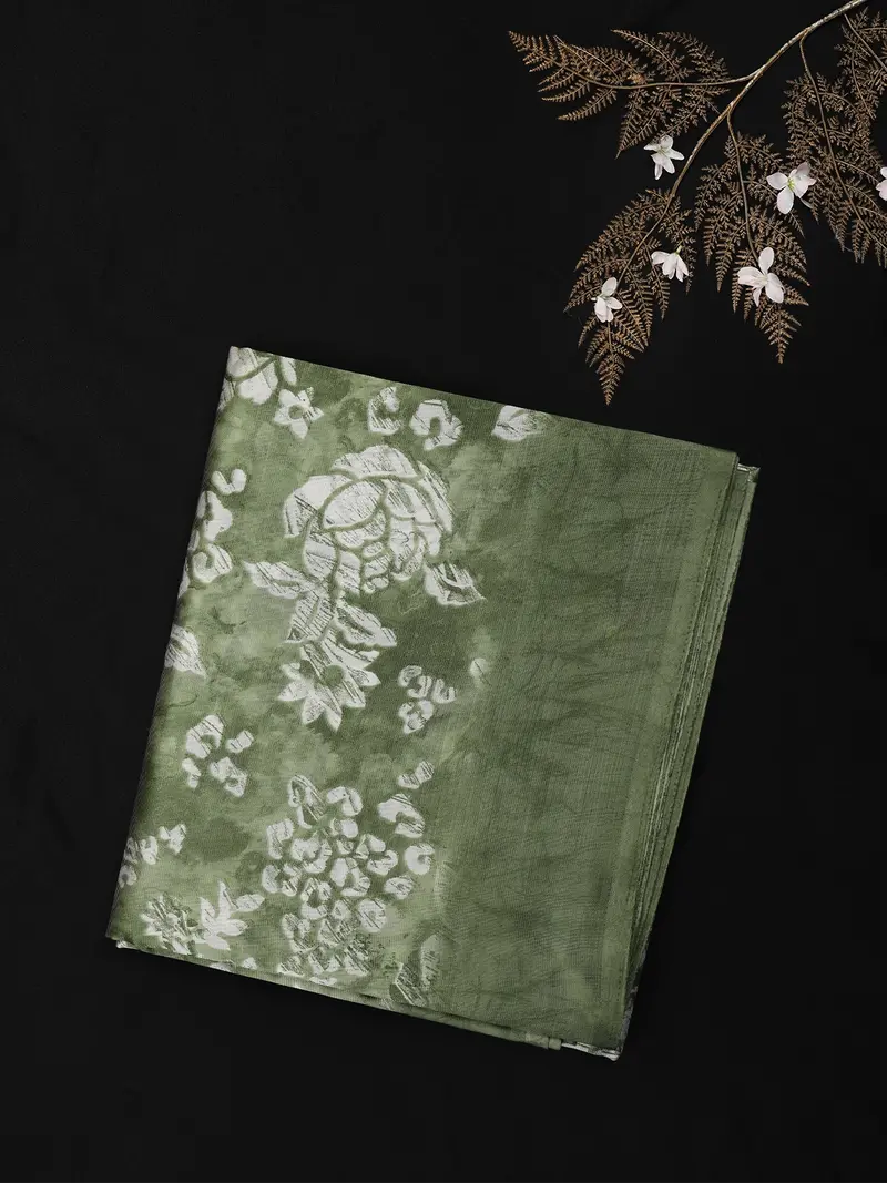 Soft Moss Green Floral Woven Design Blended Cotton Saree 1