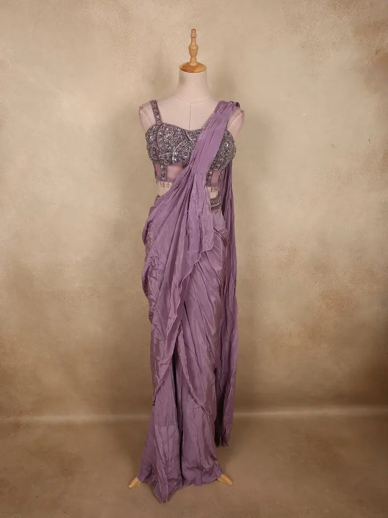 Soft Muted Mauve Lavender Solid Design Satin Ready To Wear Saree With Designer Blouse 1