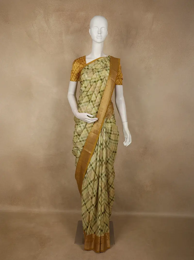 Soft Olive Green Checked Design Banarasi Saree With Contrast Zari Border 1