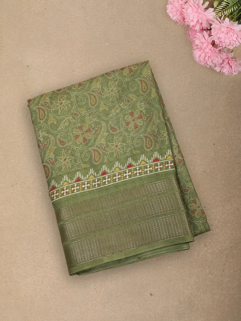 Soft Olive Green Floral And Paisley Printed Design Mixed Cotton Saree With Zari Border 1