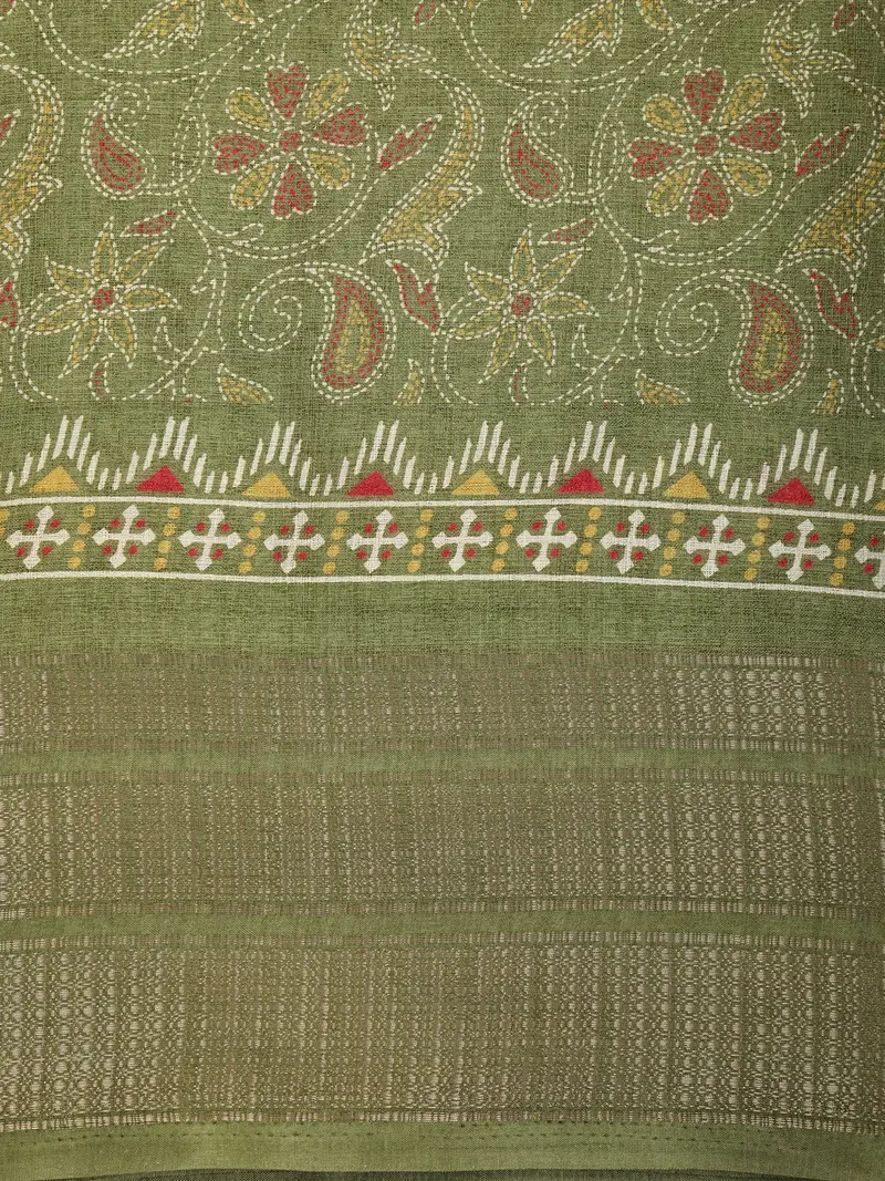 Soft Olive Green Floral And Paisley Printed Design Mixed Cotton Saree With Zari Border 2