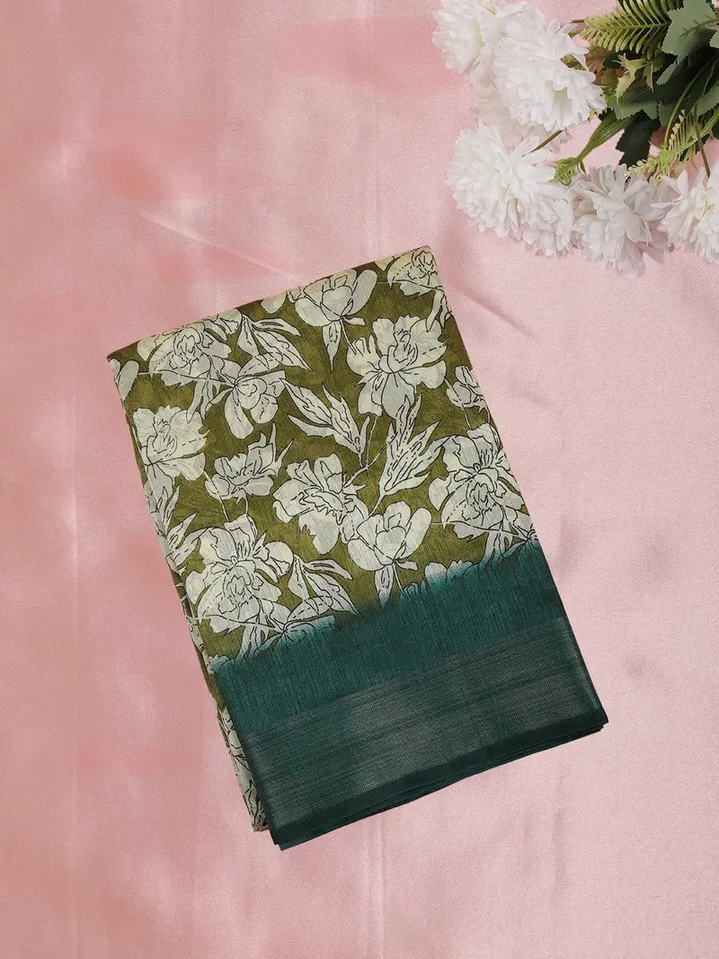 Soft Olive Green Floral Printed Design Linen Cotton Saree 1