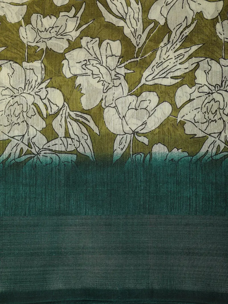 Soft Olive Green Floral Printed Design Linen Cotton Saree 2