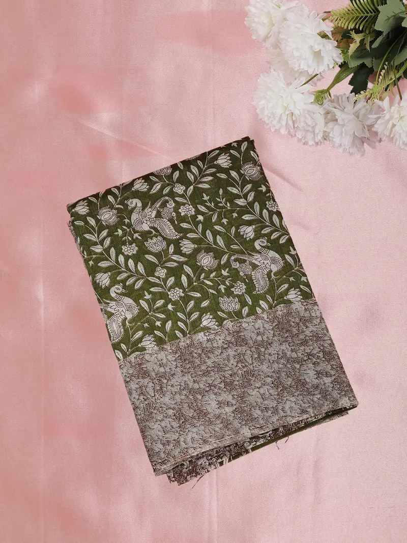 Soft Olive Green Floral Printed Design Mixed Cotton Saree With Contrast Border 1