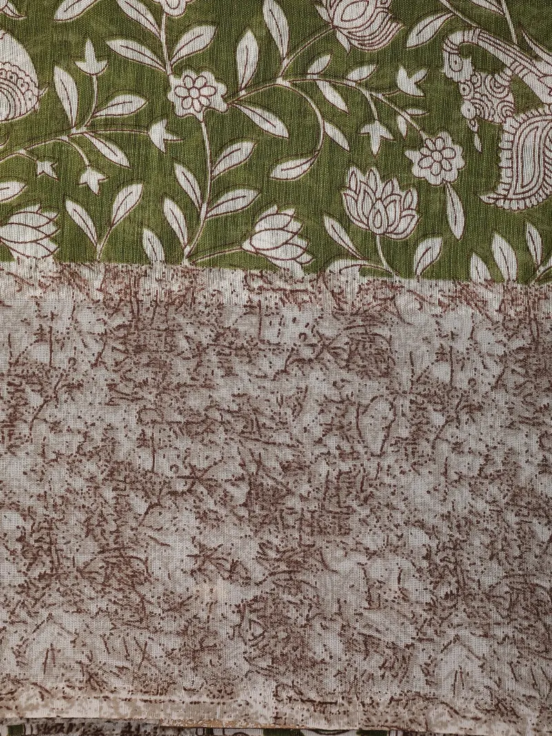 Soft Olive Green Floral Printed Design Mixed Cotton Saree With Contrast Border 2
