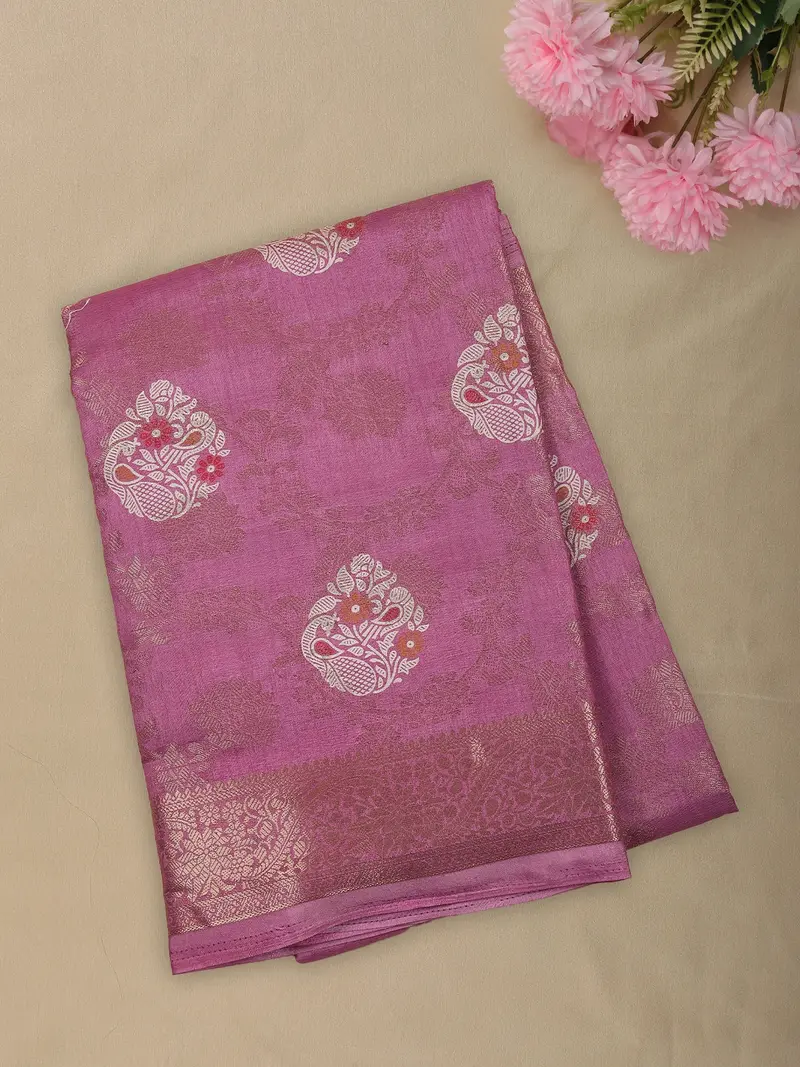 Soft Orchid Pink Floral Zari Woven Design Mixed Cotton Saree With Floral Zari Border 1