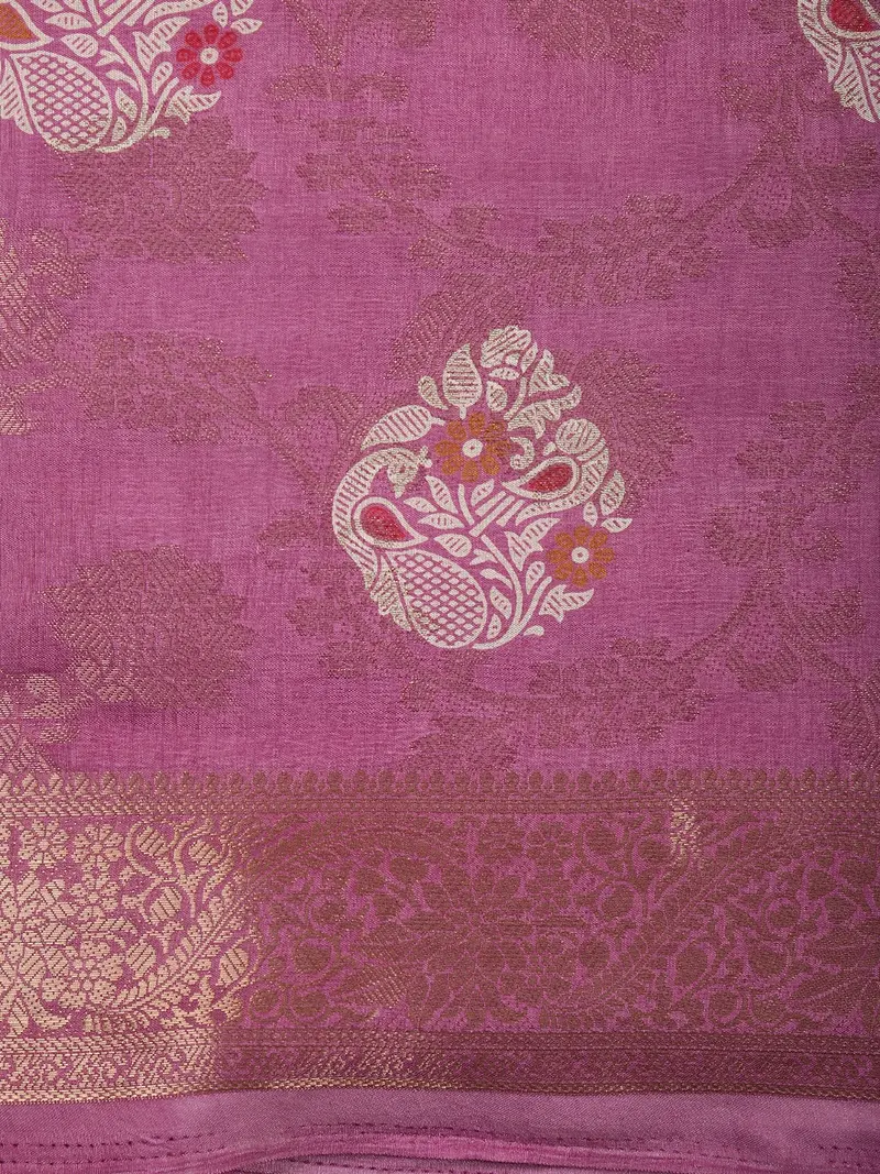 Soft Orchid Pink Floral Zari Woven Design Mixed Cotton Saree With Floral Zari Border 2