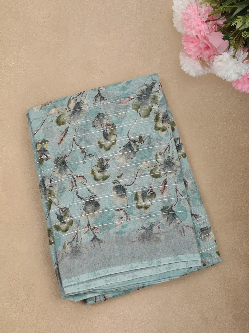 Soft Pastel Aqua Blue Floral Printed Design Linen Cotton Casual Wear Saree 1