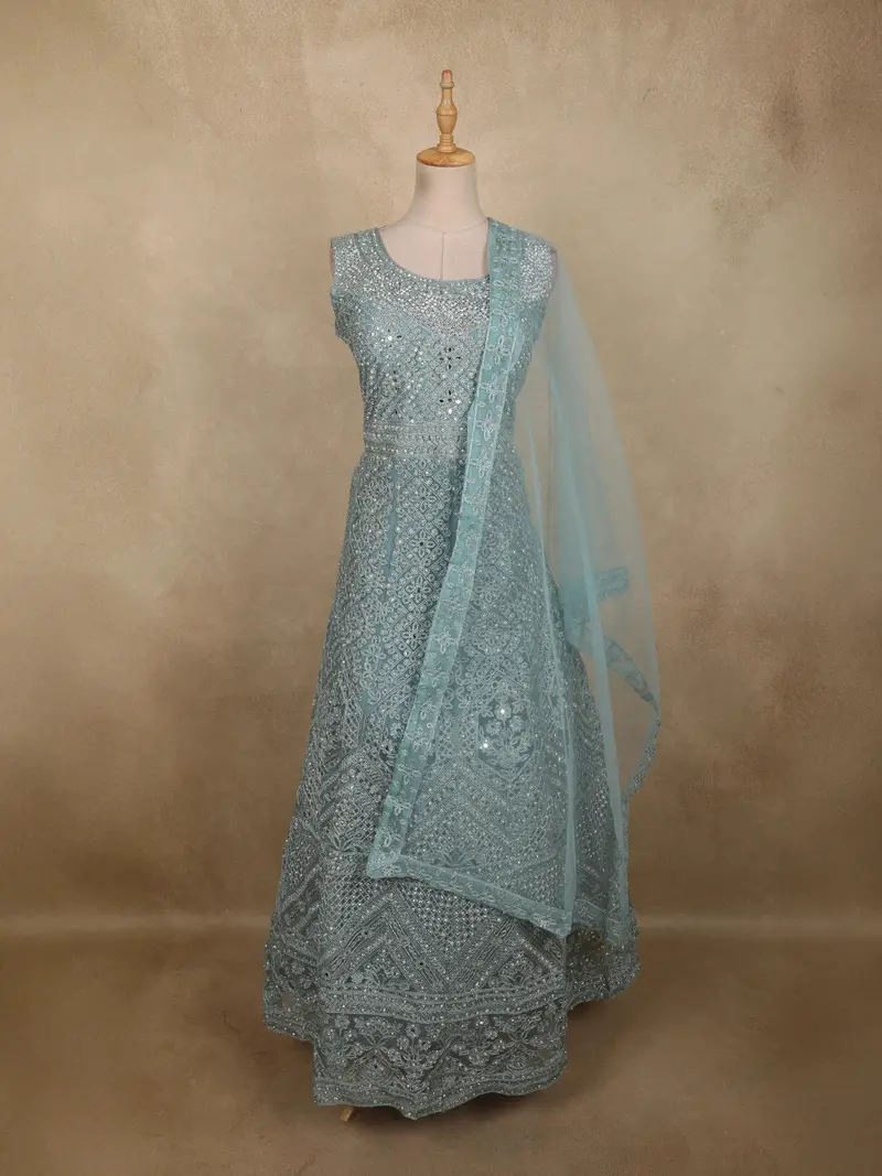 Soft Pastel Aqua Blue Floral Thread And Mirror Embroidered Design Net Anarkali Gown With Dupatta 1