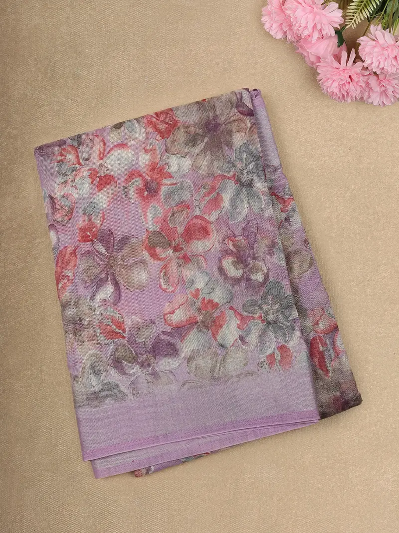 Soft Pastel Lavender Floral Printed Design Linen Cotton Saree 1