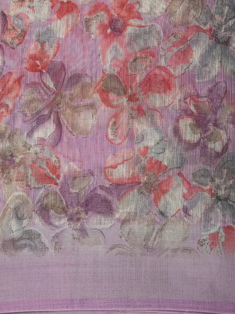 Soft Pastel Lavender Floral Printed Design Linen Cotton Saree 2