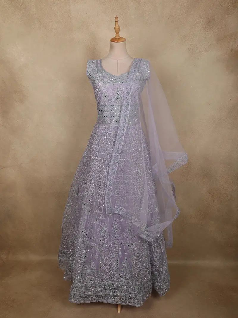 Soft Pastel Lavender Lilac Floral Thread And Mirror Embroidered Design Net Anarkali Gown With Dupatta 1