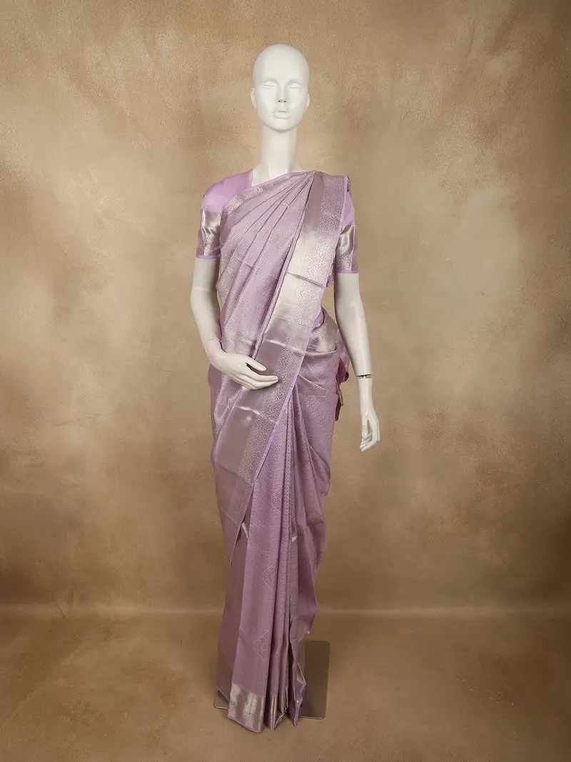 Soft Pastel Lavender Paisley Butta Zari Woven Design Pure Kanchipuram Silk Saree With Silver Zari Border 1