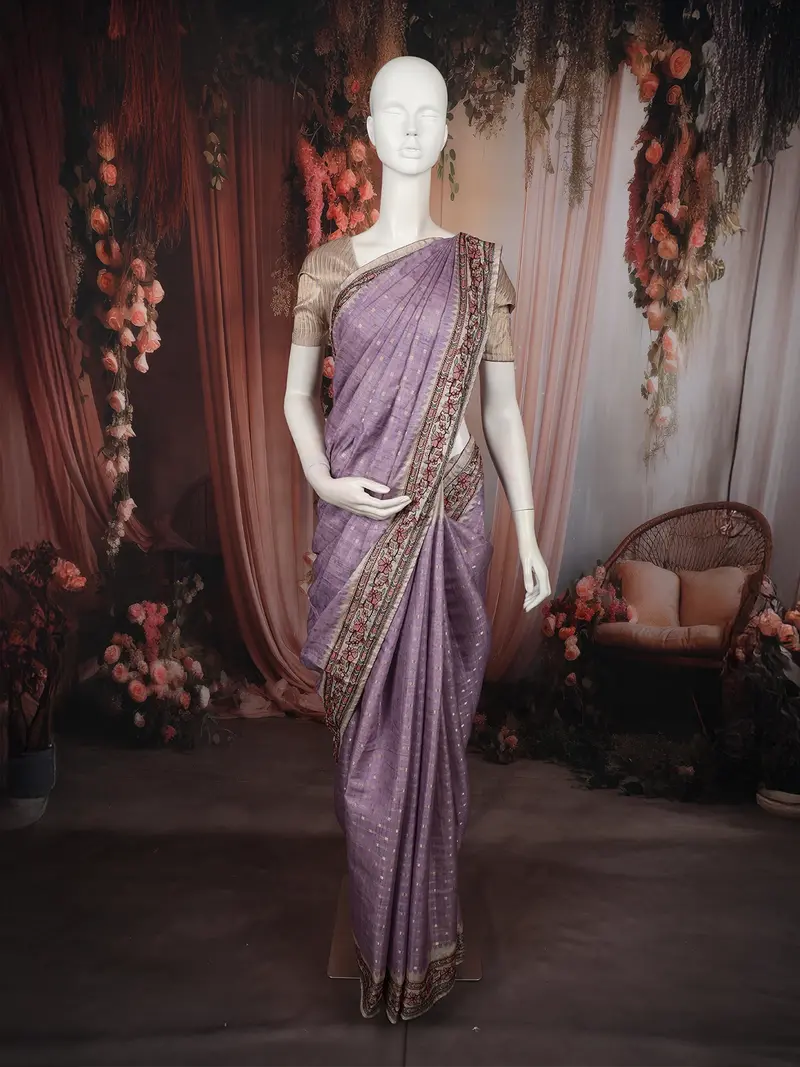 Soft Pastel Lavender Striped Zari Woven Design Pure Tussar Saree With Floral Border 1