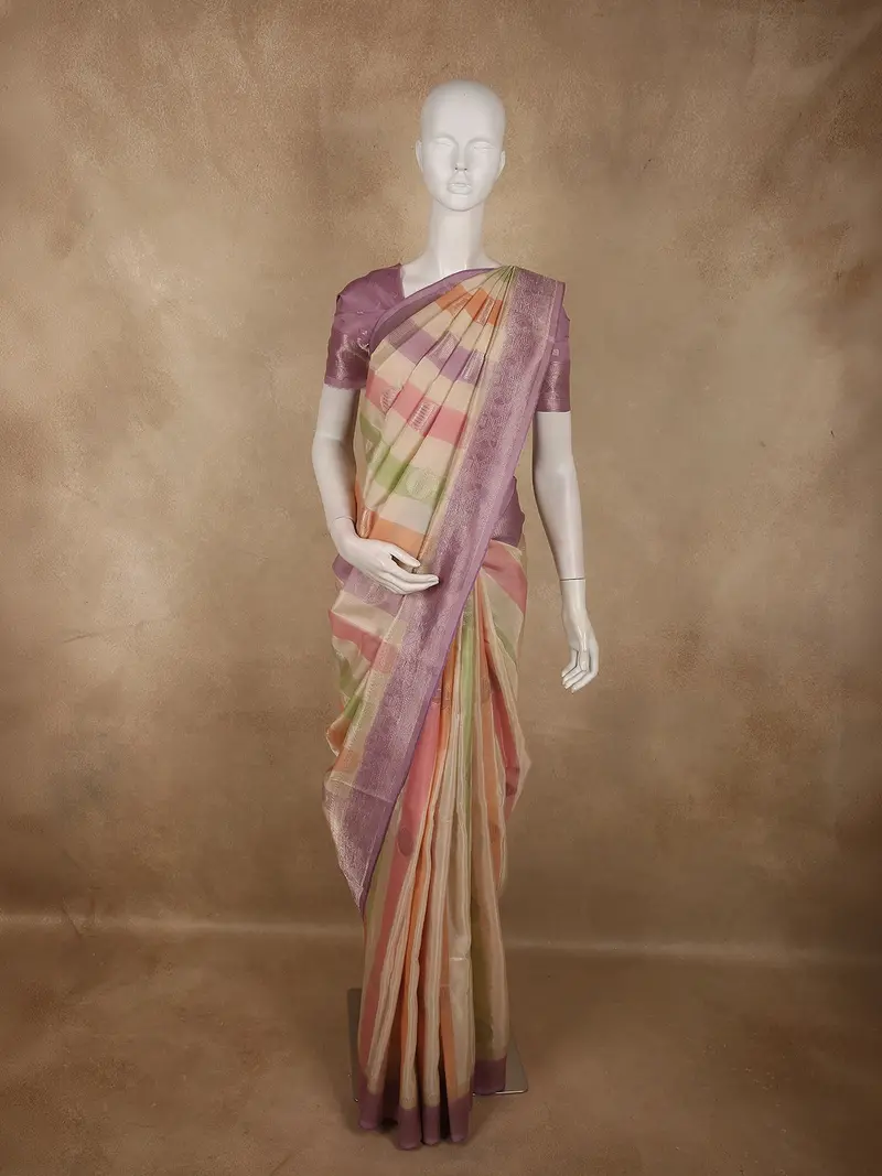 Soft Pastel Multicolor Striped Zari Woven Design Semi Banarasi Saree With Lavender Purple Border 1
