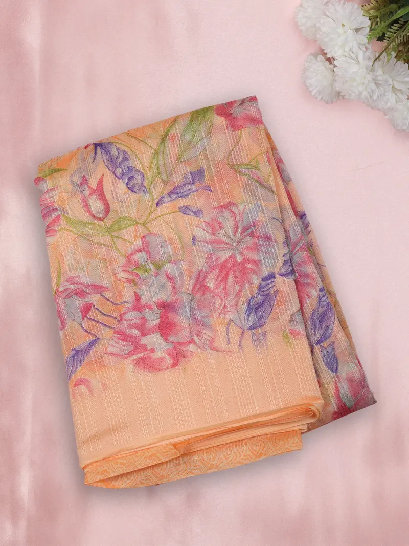 Soft Pastel Peach Floral Printed Design Mixed Cotton Saree 1