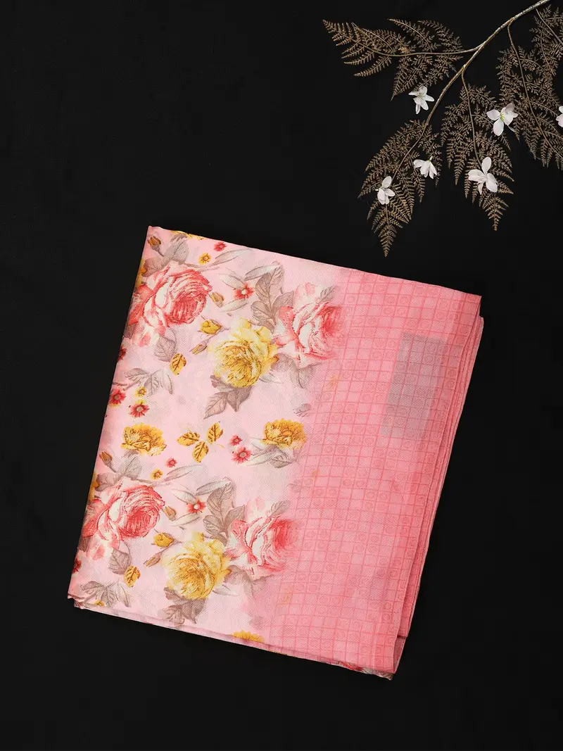 Soft Pastel Peach Pink Floral Woven Design Blended Cotton Saree 1