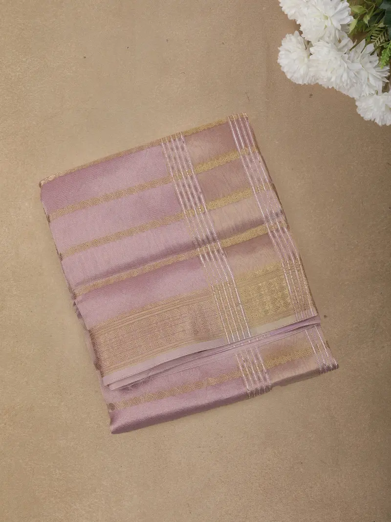 Soft Pastel Pink Striped Zari Woven Tissue Saree With Golden Zari Border 1