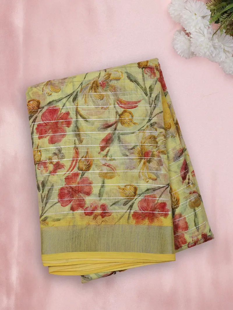 Soft Pastel Pistachio Green Floral Printed Design Mixed Linen Cotton Saree 1