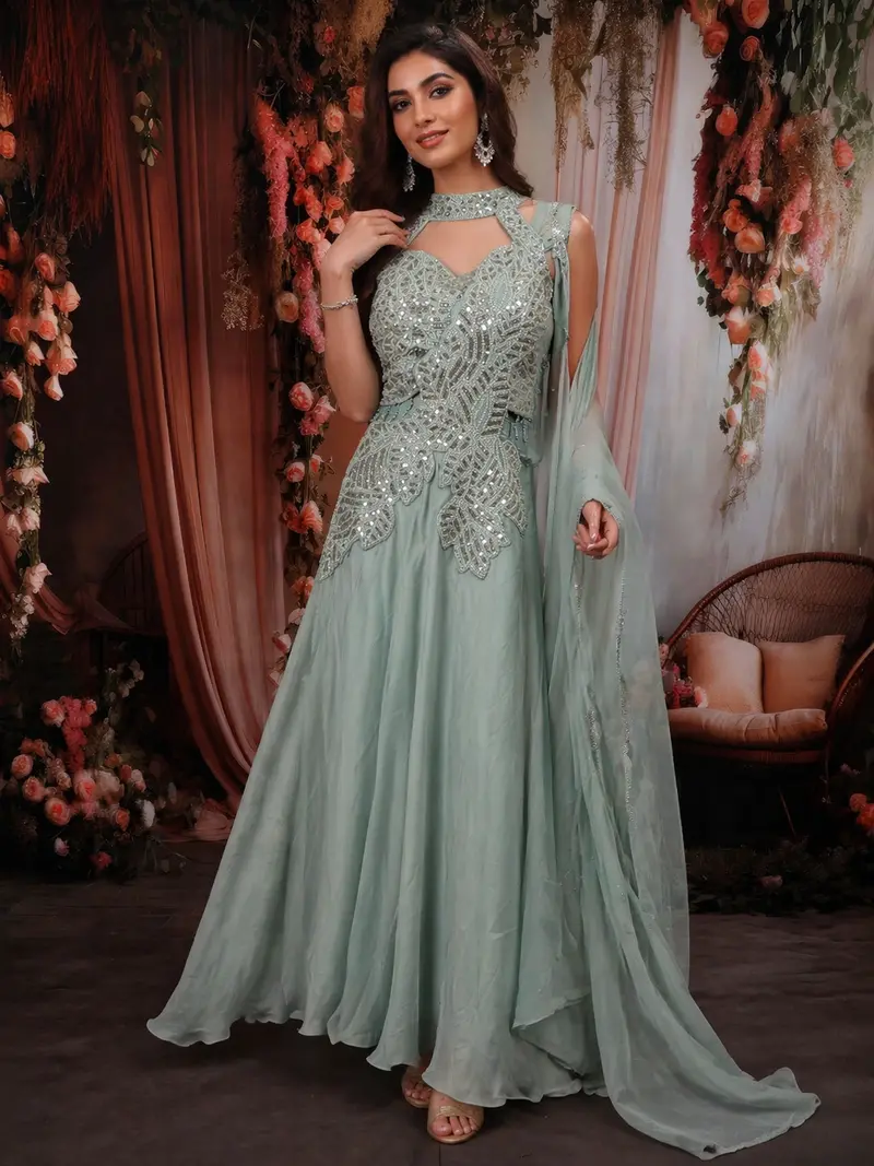 Soft Pastel Sage Green Sequins And Beads Embroidered Design Georgette Party Wear Lehenga 1
