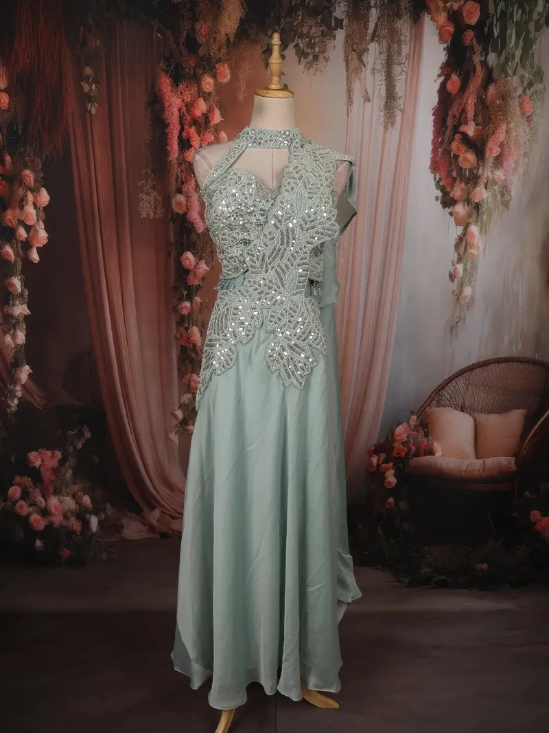 Soft Pastel Sage Green Sequins And Beads Embroidered Design Georgette Party Wear Lehenga 2