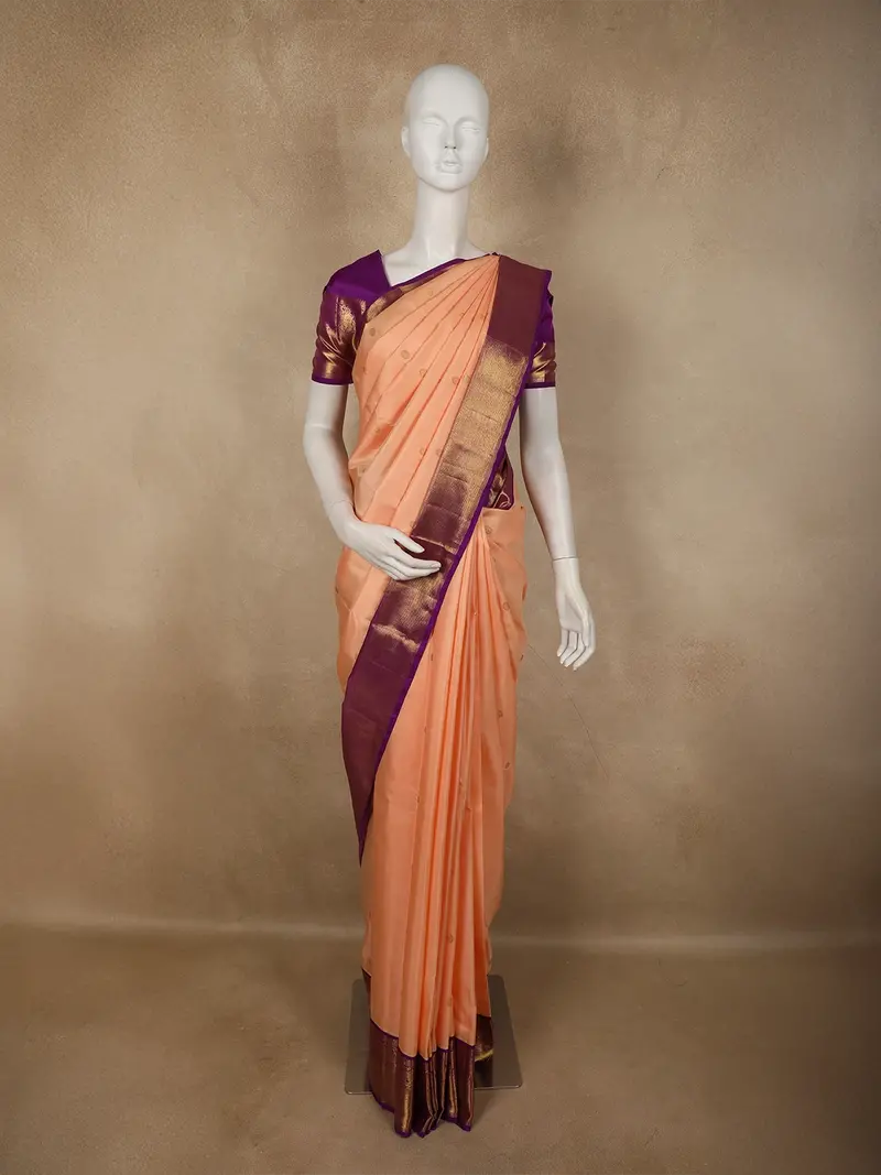 Soft Peach Butta Woven Design Pure Kanchipuram Silk Saree With Contrast Zari Border 1