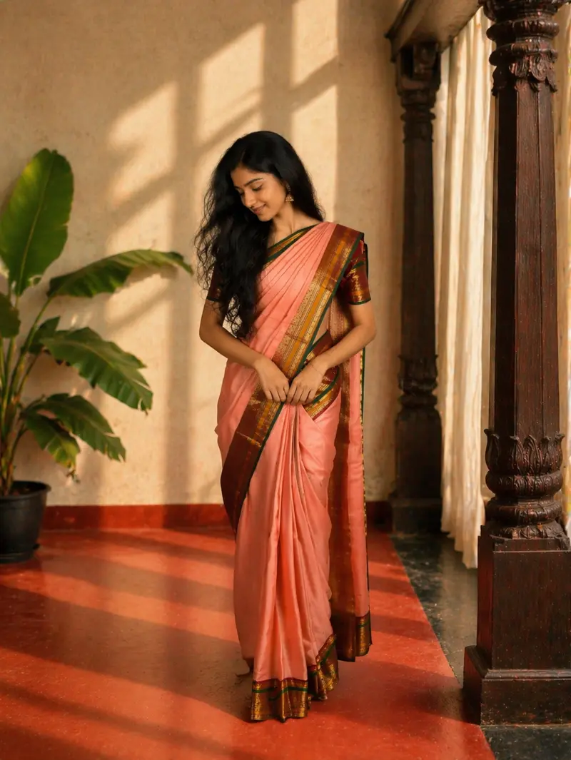 Soft Peach Butta Zari Woven Design Pure Kanchipuram Silk Saree With Contrast Double Zari Border 1