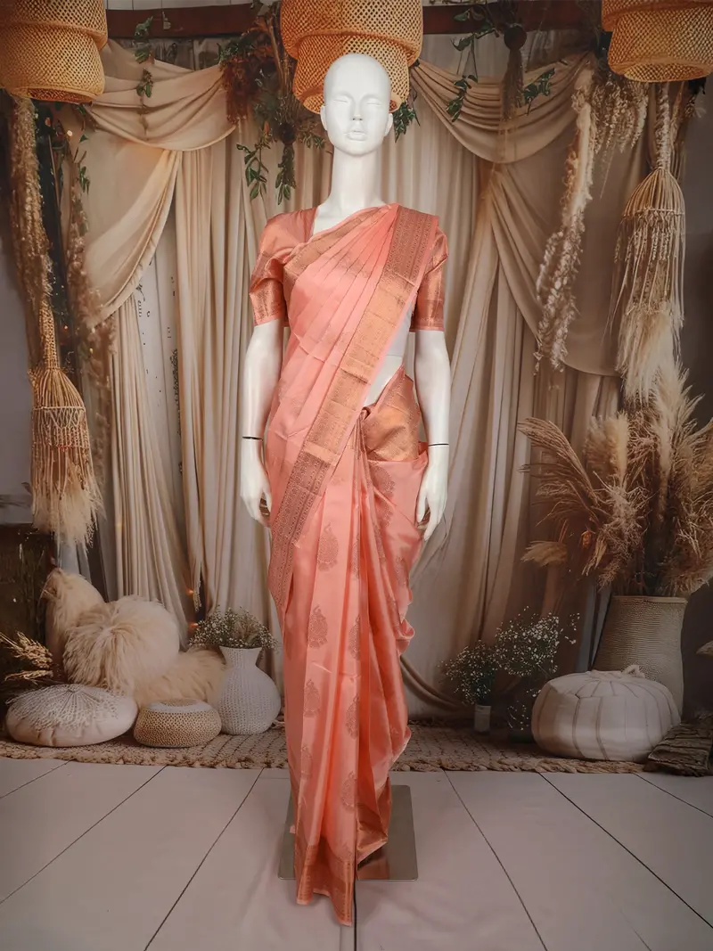 Soft Peach Butta Zari Woven Design Pure Kanchipuram Silk Saree With Zari Border 1