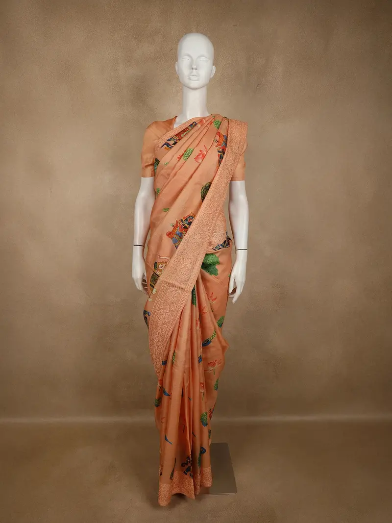 Soft Peach Floral And Peacock Woven Design Pure Tussar Saree With Elephant Woven Border 1