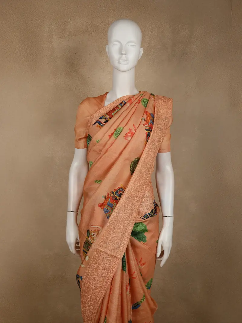 Soft Peach Floral And Peacock Woven Design Pure Tussar Saree With Elephant Woven Border 2