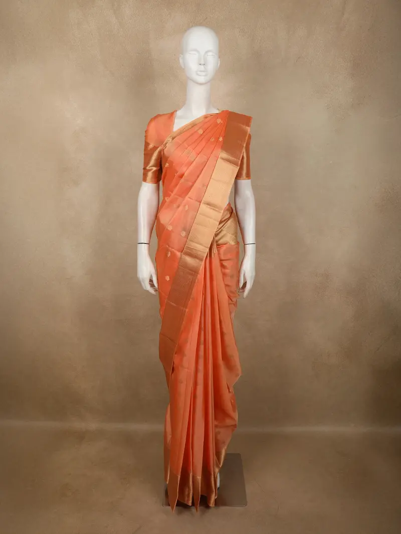 Soft Peach Floral Butta Zari Woven Design Pure Kanchipuram Silk Saree With Zari Border 1