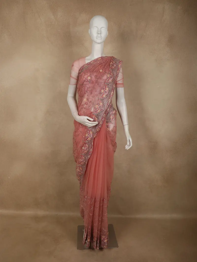 Soft Peach Floral Embroidered Design Net Designer Saree 1
