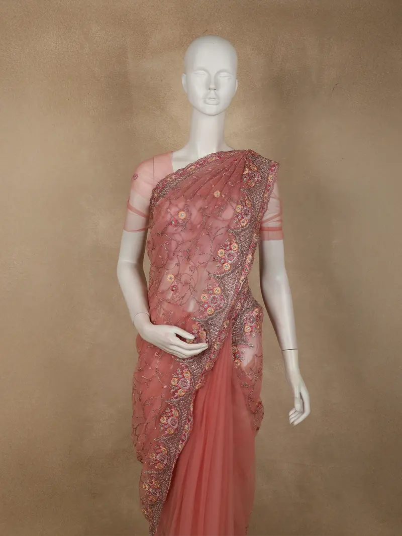 Soft Peach Floral Embroidered Design Net Designer Saree 2