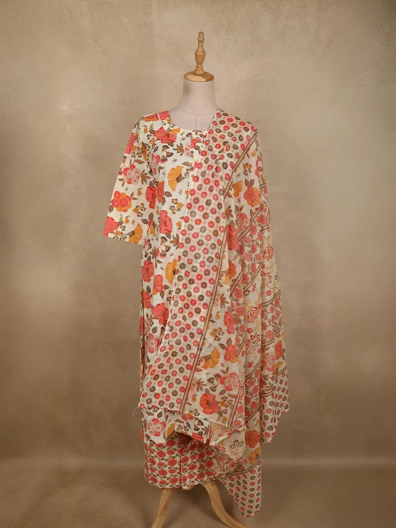 Soft Peach Floral Printed Design Cotton Straight Cut Salwar Suit With Dupatta 1