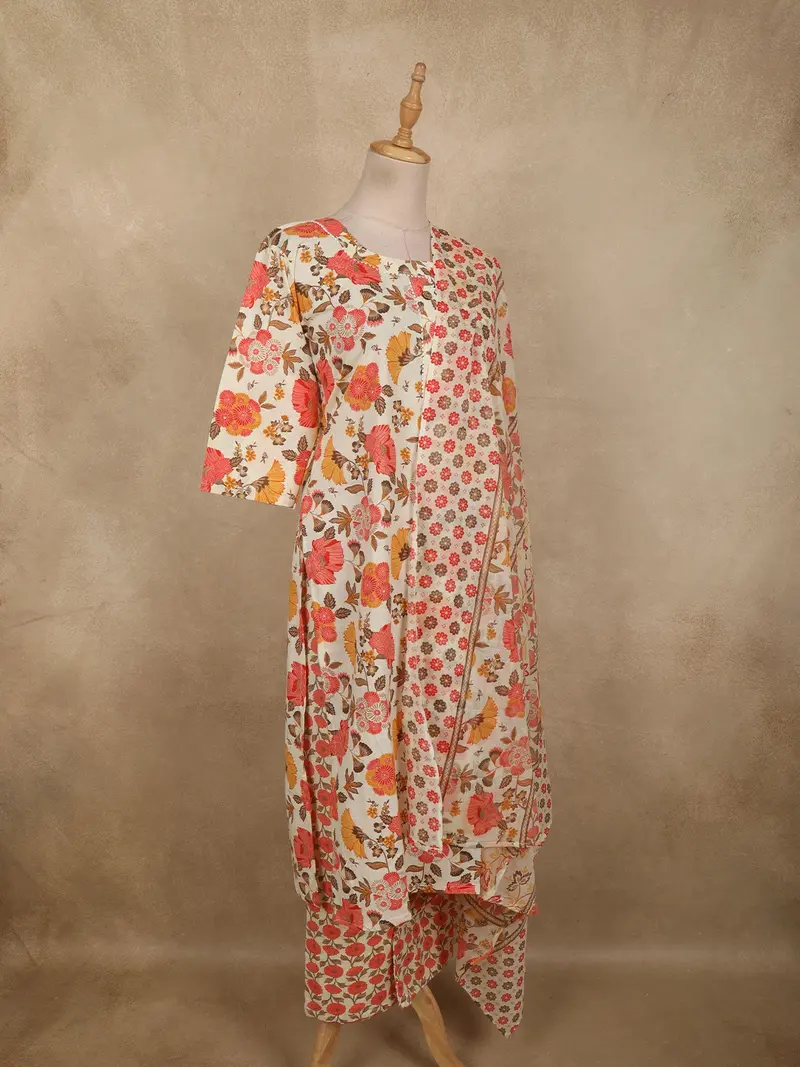 Soft Peach Floral Printed Design Cotton Straight Cut Salwar Suit With Dupatta 4