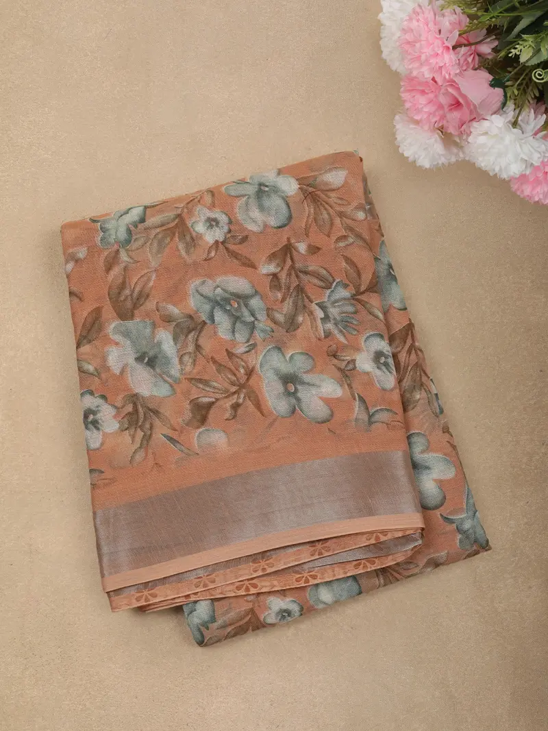 Soft Peach Floral Printed Design Linen Cotton Casual Wear Saree 1