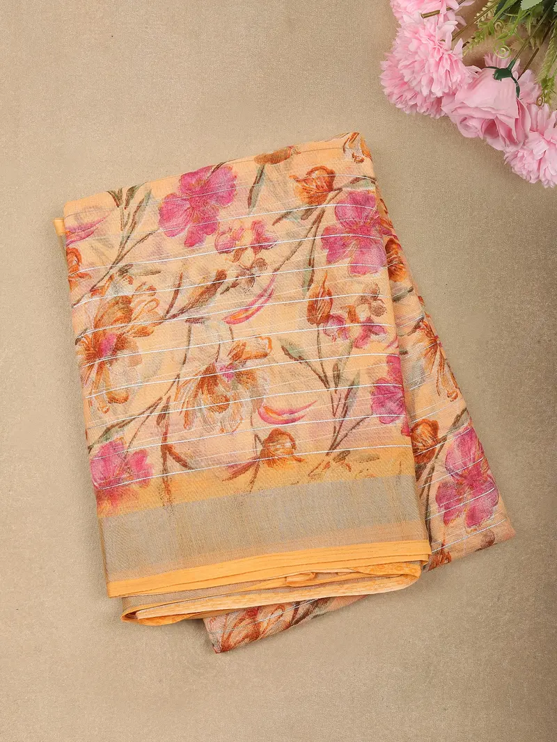 Soft Peach Floral Printed Design Linen Cotton Saree With Zari Border 1