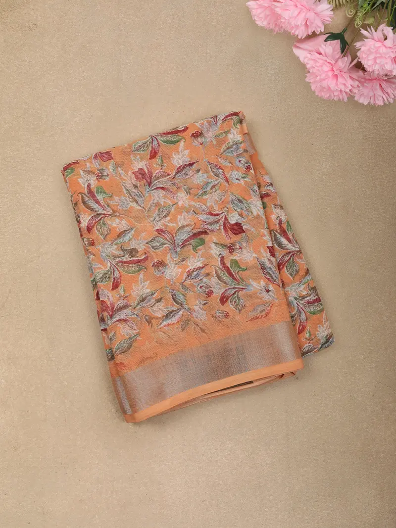 Soft Peach Floral Printed Design Mixed Cotton Casual Wear Saree 1