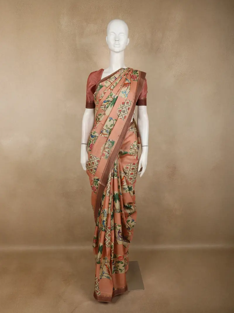 Soft Peach Floral Printed Design Pure Tussar Silk Saree 1