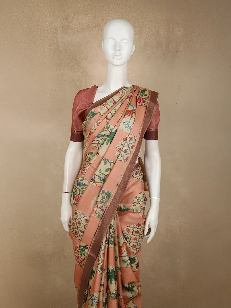 Soft Peach Floral Printed Design Pure Tussar Silk Saree 2